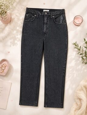 Abercrombie & Fitch Ankle Straight Ultra High Rise Black Leather Detail Jeans 26